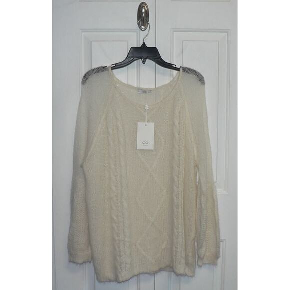 CO Women's Loose Weave Cable Knit Mohair Alpaca Oversized Sweater Ivory MD $695 - Picture 4 of 6